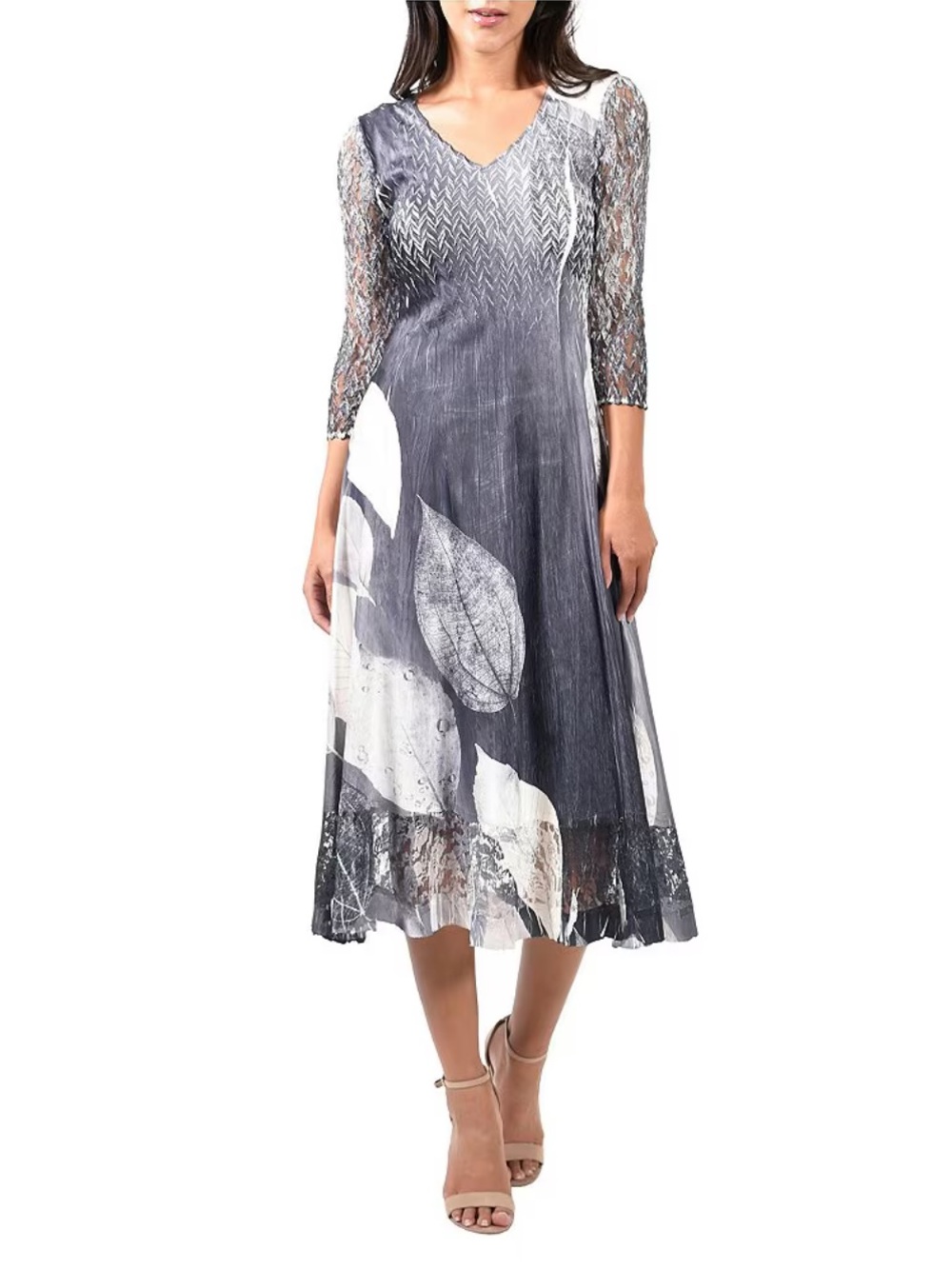 Komarov Lace Pleated Print Charmeuse V-Neck 3/4 Sleeve Midi Dress